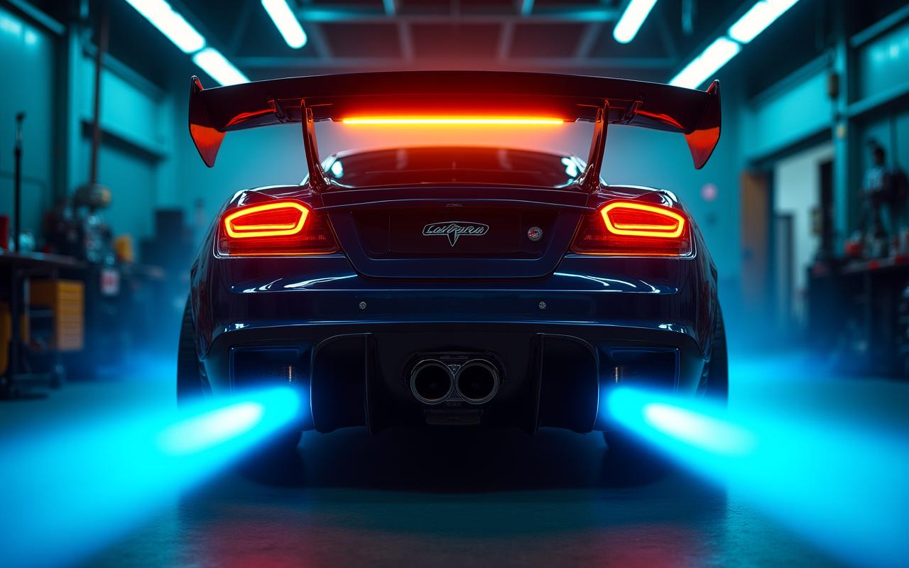 Aggressive sports car on a dyno machine with glowing exhaust