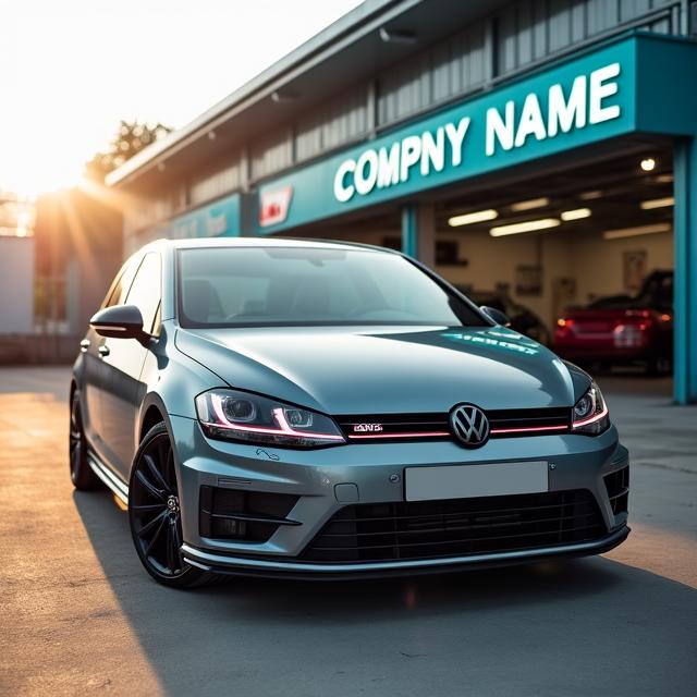 Modified grey performance hatchback in front of workshop