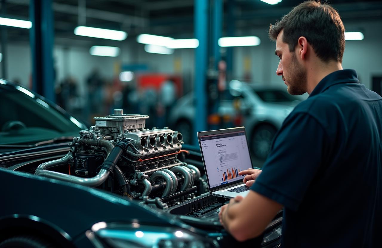 Close up of a high-performance engine being calibrated on a dyno